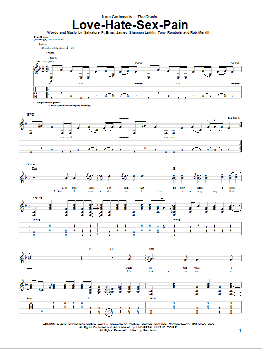 Download Godsmack Love-Hate-Sex-Pain Sheet Music and learn how to play Guitar Tab PDF digital score in minutes