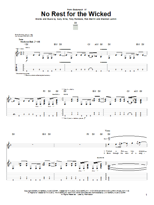 Download Godsmack No Rest For The Wicked Sheet Music and learn how to play Guitar Tab PDF digital score in minutes