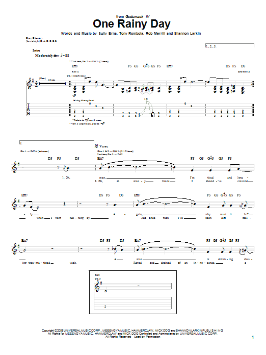 Download Godsmack One Rainy Day Sheet Music and learn how to play Guitar Tab PDF digital score in minutes