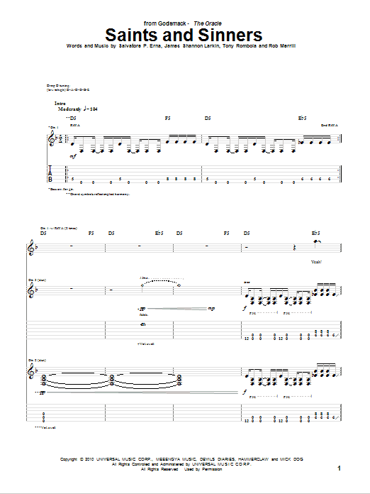Download Godsmack Saints And Sinners Sheet Music and learn how to play Guitar Tab PDF digital score in minutes