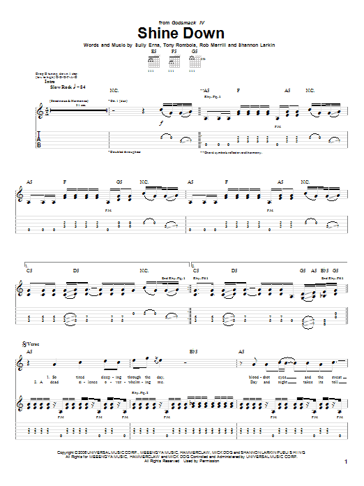 Download Godsmack Shine Down Sheet Music and learn how to play Guitar Tab PDF digital score in minutes