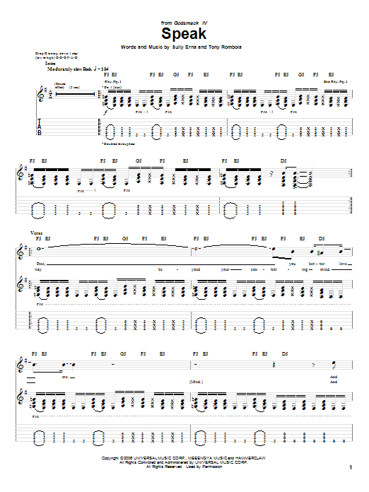 Download Godsmack Speak Sheet Music and learn how to play Guitar Tab PDF digital score in minutes