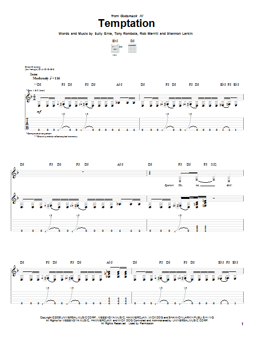 Download Godsmack Temptation Sheet Music and learn how to play Guitar Tab PDF digital score in minutes