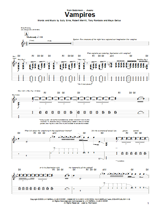 Download Godsmack Vampires Sheet Music and learn how to play Guitar Tab PDF digital score in minutes