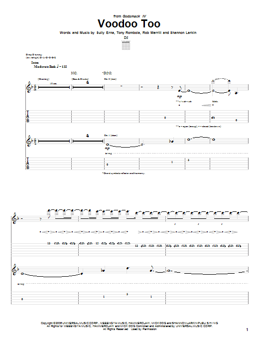 Download Godsmack Voodoo Too Sheet Music and learn how to play Guitar Tab PDF digital score in minutes