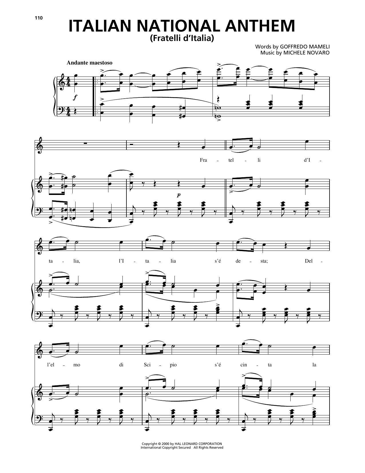 Download Goffredo Mameli Italian National Anthem (Fratelli d'Italia) Sheet Music and learn how to play Piano, Vocal & Guitar Chords (Right-Hand Melody) PDF digital score in minutes