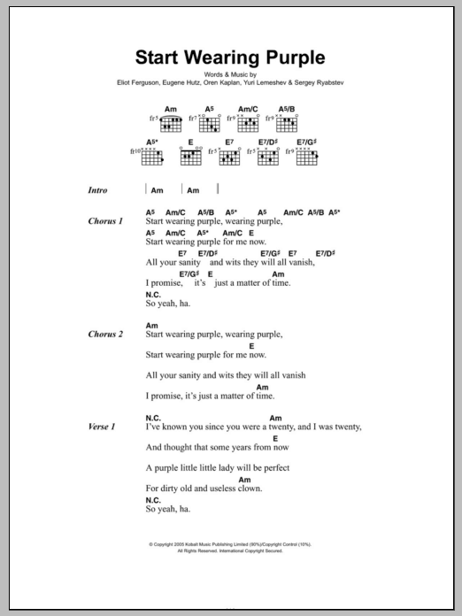 Download Gogol Bordello Start Wearing Purple Sheet Music and learn how to play Lyrics & Chords PDF digital score in minutes