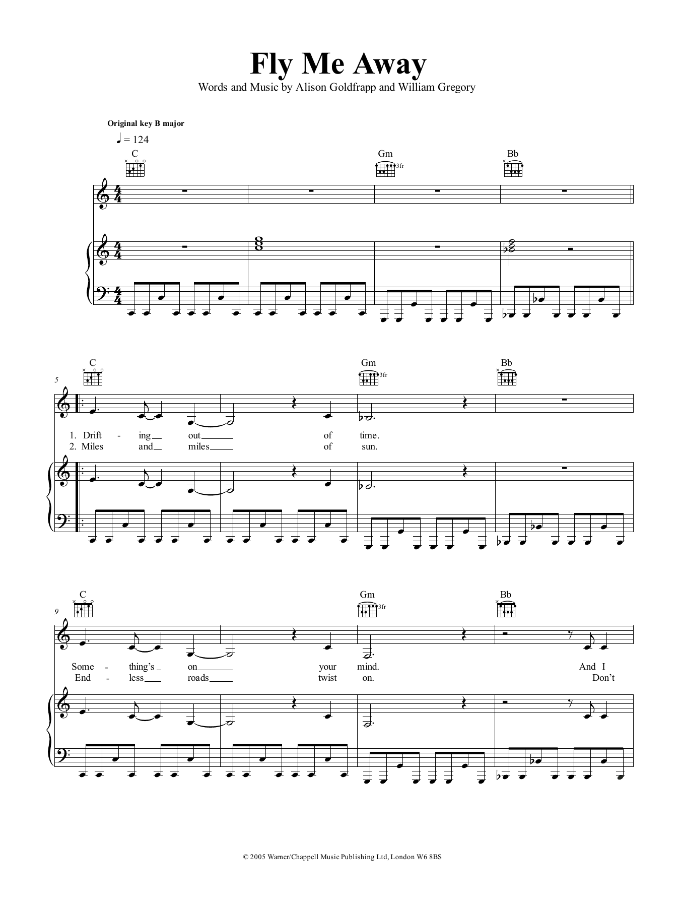 Download Goldfrapp Fly Me Away Sheet Music and learn how to play Piano, Vocal & Guitar (Right-Hand Melody) PDF digital score in minutes