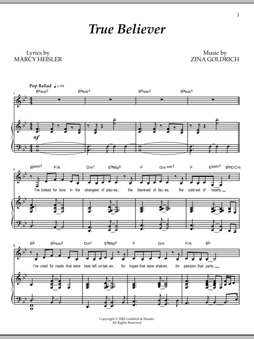 Download Goldrich & Heisler True Believer Sheet Music and learn how to play Piano & Vocal PDF digital score in minutes