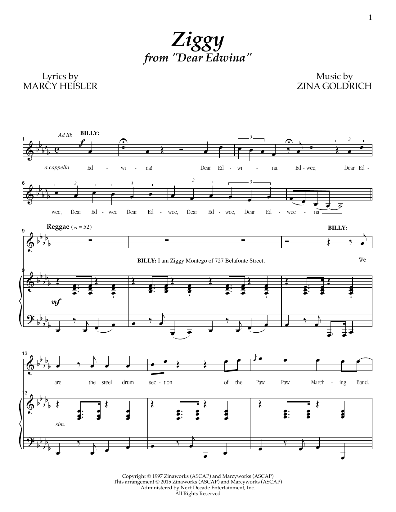 Download Goldrich & Heisler Ziggy (from 'Dear Edwina') Sheet Music and learn how to play Piano & Vocal PDF digital score in minutes