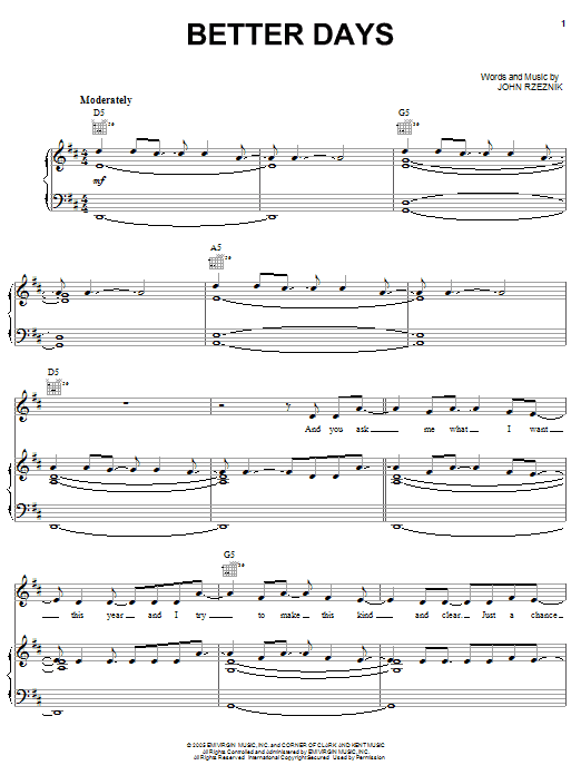 Download Goo Goo Dolls Better Days Sheet Music and learn how to play Piano, Vocal & Guitar (Right-Hand Melody) PDF digital score in minutes