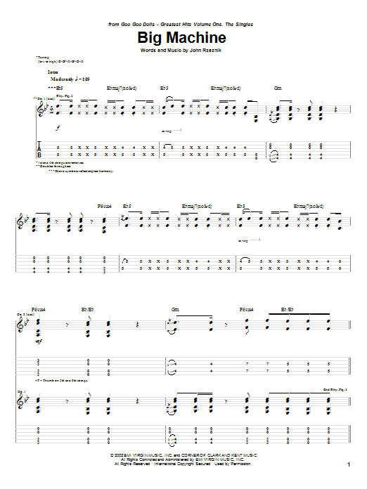Download Goo Goo Dolls Big Machine Sheet Music and learn how to play Guitar Tab PDF digital score in minutes
