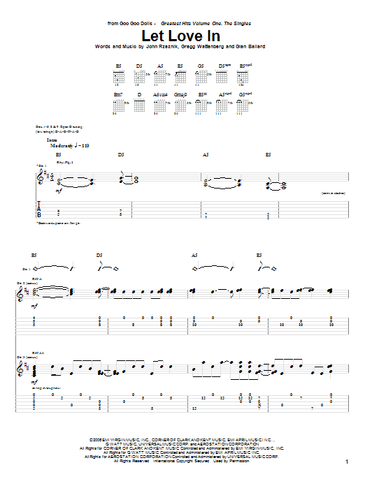 Download Goo Goo Dolls Let Love In Sheet Music and learn how to play Guitar Tab PDF digital score in minutes
