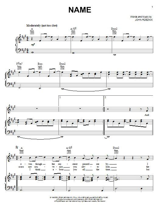 Download Goo Goo Dolls Name Sheet Music and learn how to play Piano, Vocal & Guitar (Right-Hand Melody) PDF digital score in minutes