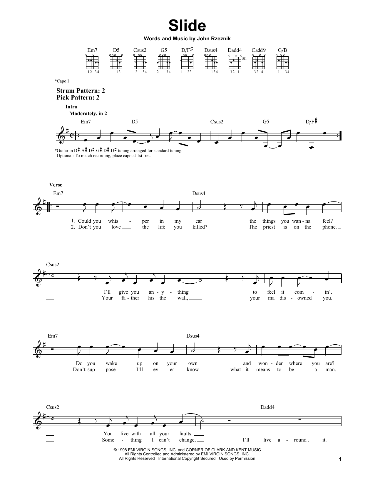 Download Goo Goo Dolls Slide Sheet Music and learn how to play Lyrics & Chords PDF digital score in minutes