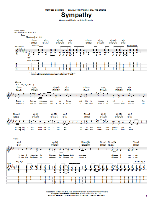 Download Goo Goo Dolls Sympathy Sheet Music and learn how to play Guitar Tab PDF digital score in minutes
