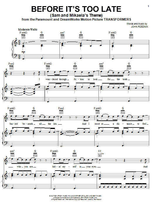 Goo Goo Dolls Before It S Too Late Sam And Mikaela S Theme Sheet Music Notes Chords Guitar Tab Download Rock Pdf
