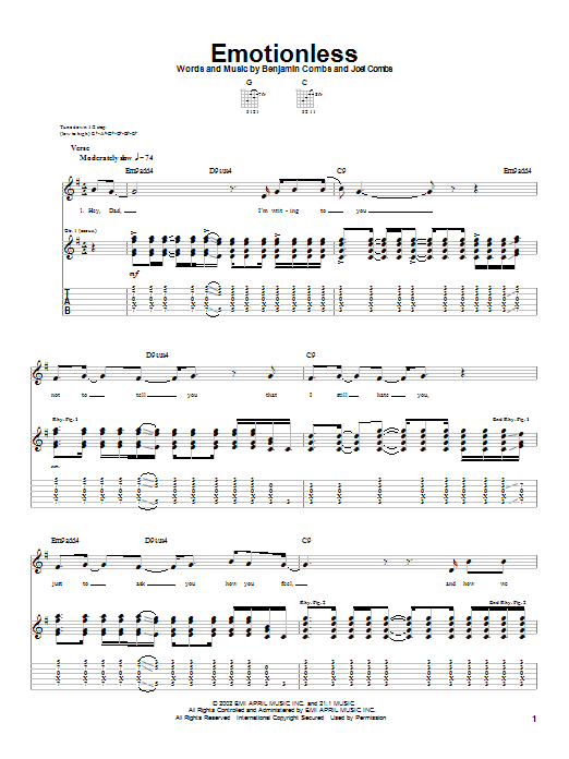 Download Good Charlotte Emotionless Sheet Music and learn how to play Guitar Tab PDF digital score in minutes