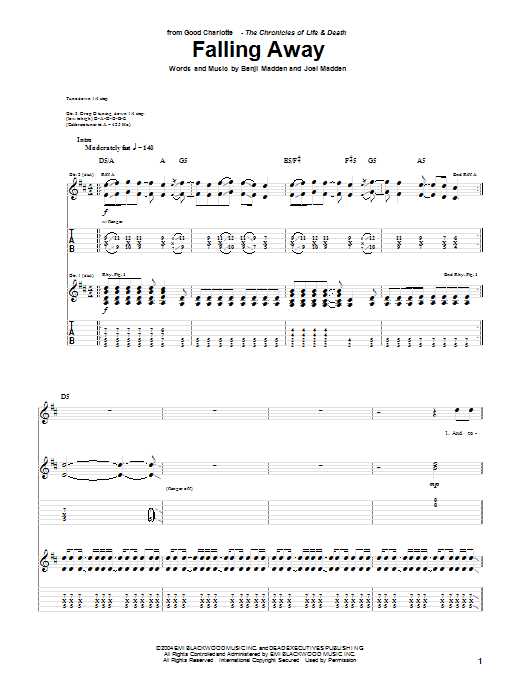 Download Good Charlotte Falling Away Sheet Music and learn how to play Guitar Tab PDF digital score in minutes