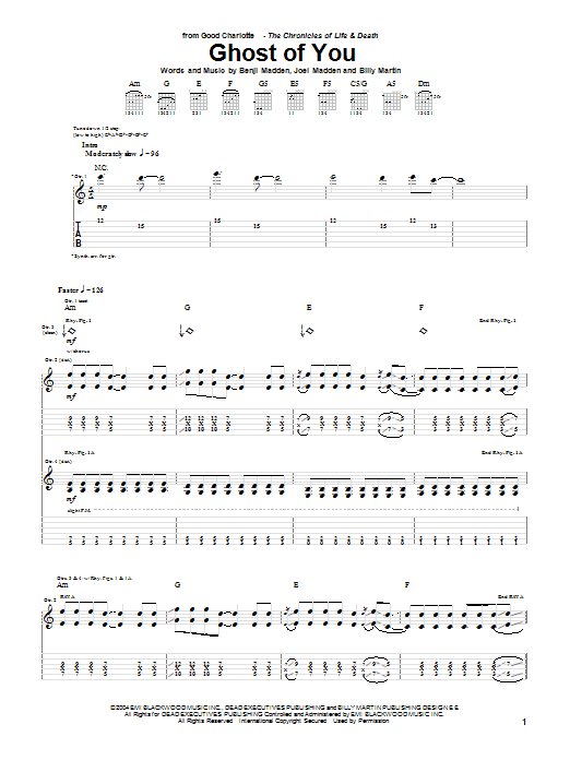 Download Good Charlotte Ghost Of You Sheet Music and learn how to play Guitar Tab PDF digital score in minutes