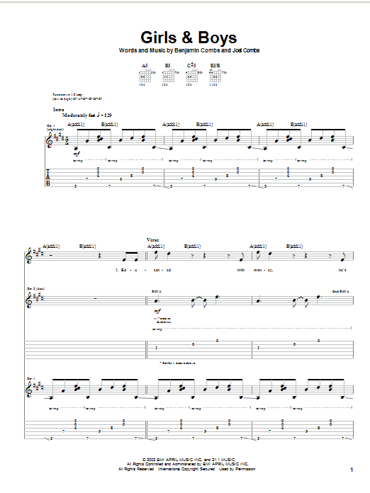 Download Good Charlotte Girls & Boys Sheet Music and learn how to play Guitar Tab PDF digital score in minutes