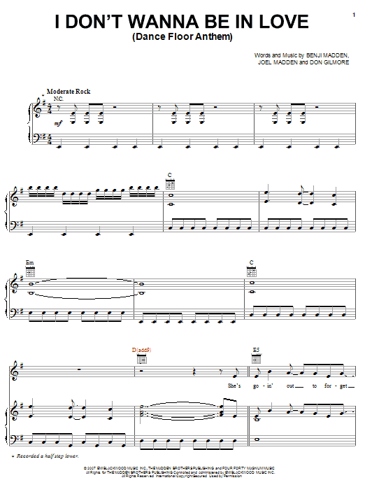 Download Good Charlotte I Don't Wanna Be In Love (Dance Floor Anthem) Sheet Music and learn how to play Piano, Vocal & Guitar (Right-Hand Melody) PDF digital score in minutes