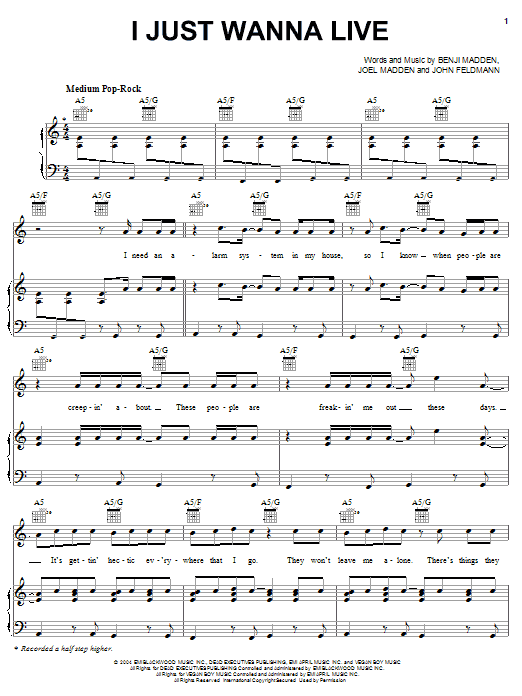 Download Good Charlotte I Just Wanna Live Sheet Music and learn how to play Piano, Vocal & Guitar (Right-Hand Melody) PDF digital score in minutes