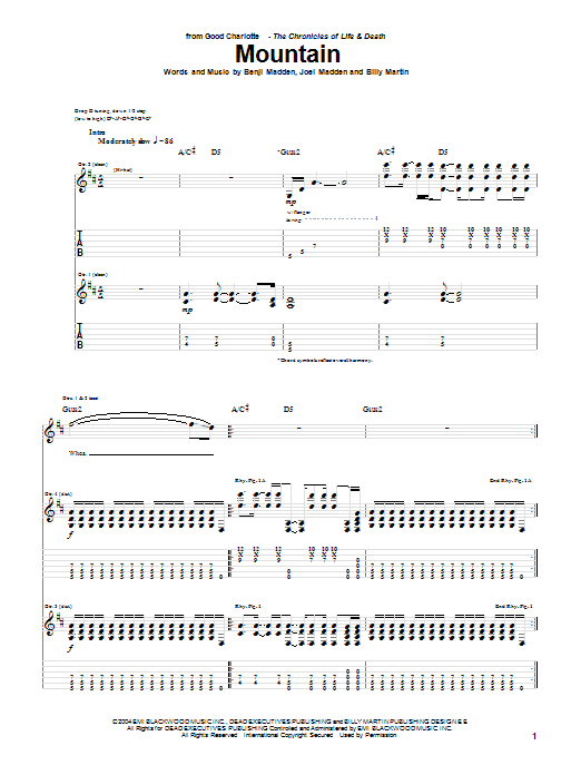 Download Good Charlotte Mountain Sheet Music and learn how to play Guitar Tab PDF digital score in minutes