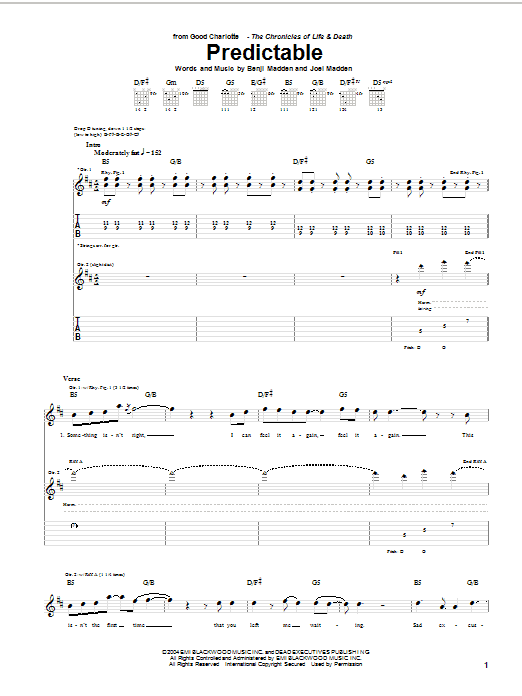 Download Good Charlotte Predictable Sheet Music and learn how to play Guitar Tab PDF digital score in minutes