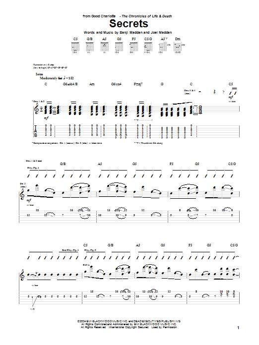 Download Good Charlotte Secrets Sheet Music and learn how to play Guitar Tab PDF digital score in minutes