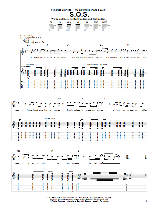 Download Good Charlotte S.O.S. Sheet Music and learn how to play Guitar Tab PDF digital score in minutes