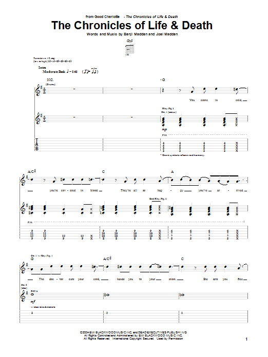 Download Good Charlotte The Chronicles Of Life & Death Sheet Music and learn how to play Guitar Tab PDF digital score in minutes