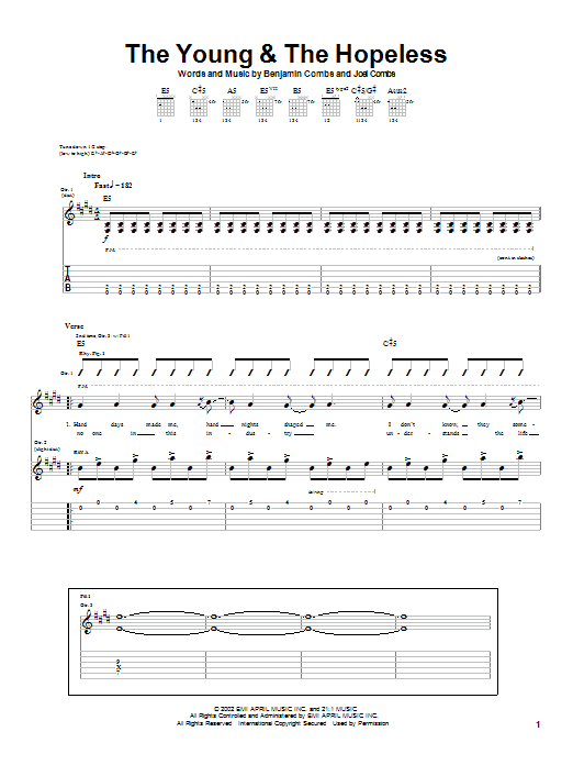 Download Good Charlotte The Young & The Hopeless Sheet Music and learn how to play Guitar Tab PDF digital score in minutes