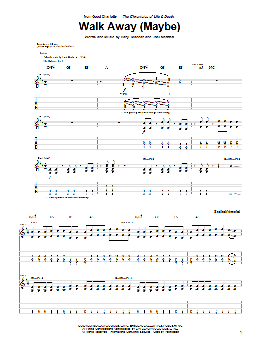 Download Good Charlotte Walk Away (Maybe) Sheet Music and learn how to play Guitar Tab PDF digital score in minutes