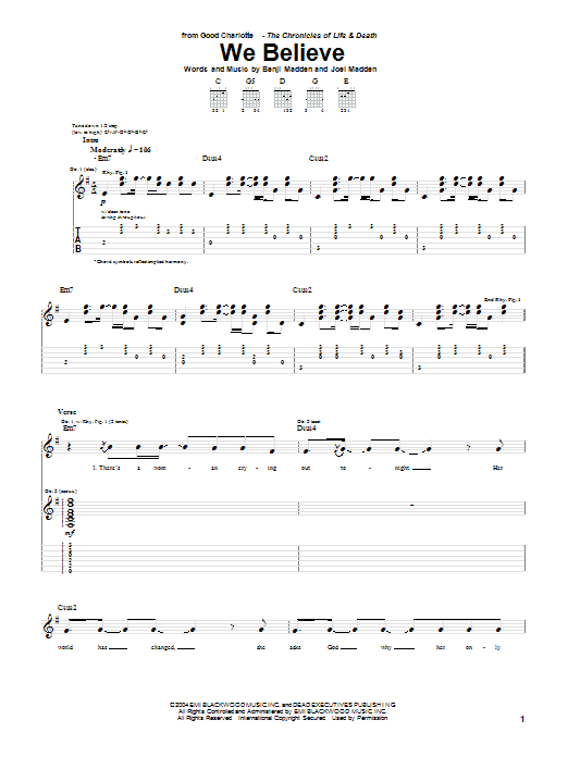 Download Good Charlotte We Believe Sheet Music and learn how to play Guitar Tab PDF digital score in minutes