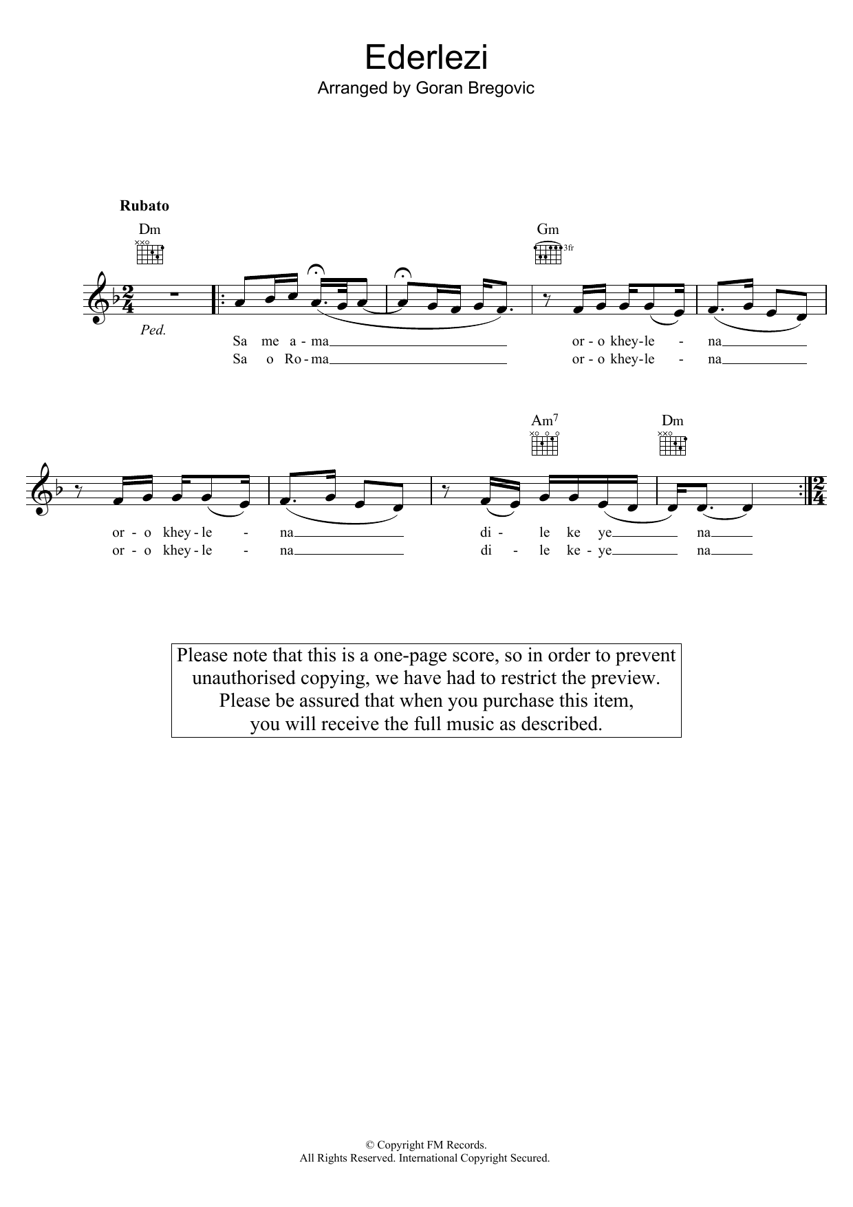 Download Goran Bregovic Ederlezi Sheet Music and learn how to play Melody Line, Lyrics & Chords PDF digital score in minutes