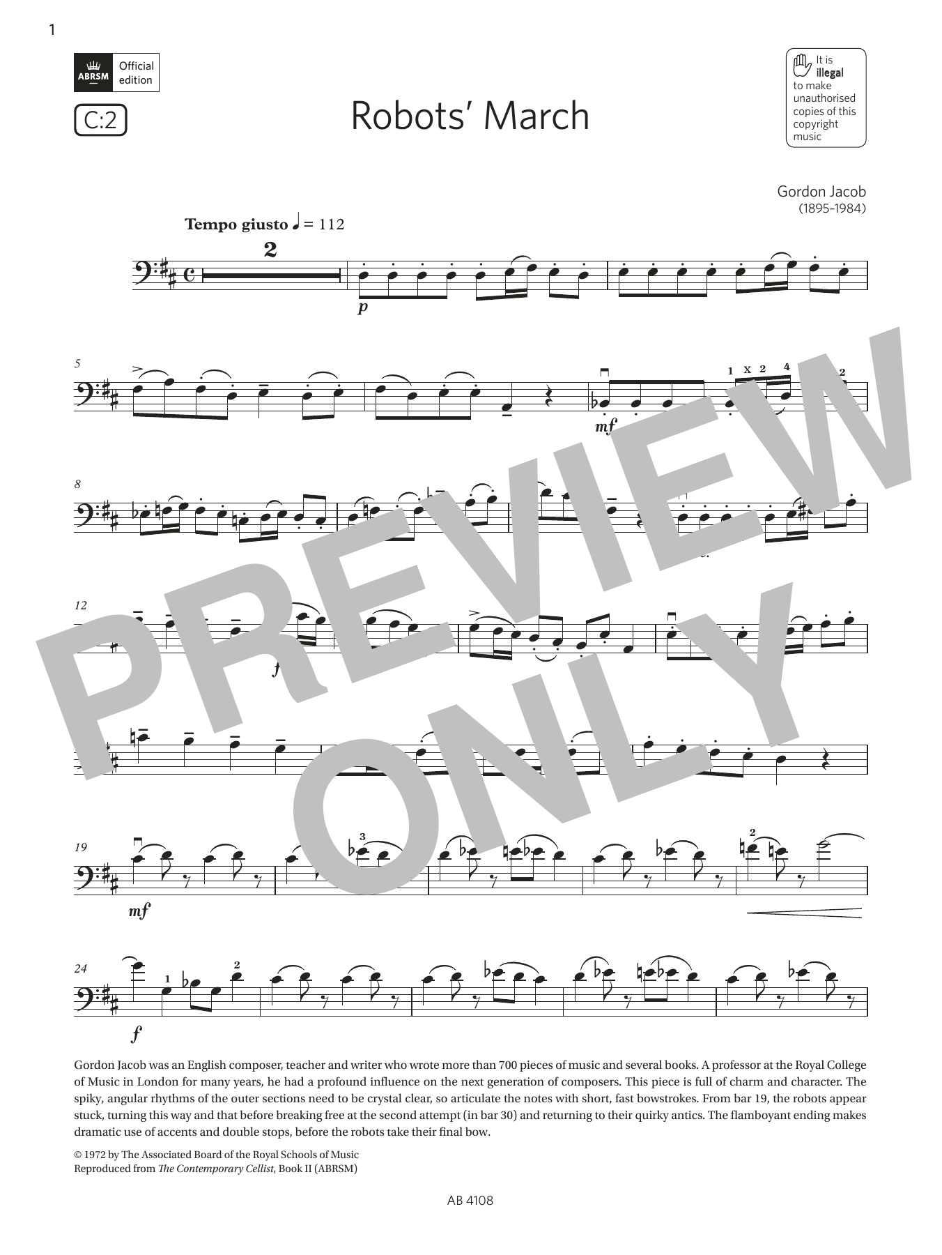 Download Gordon Jacob Robots' March (Grade 5, C2, from the ABRSM Cello Syllabus from 2024) Sheet Music and learn how to play Cello Solo PDF digital score in minutes