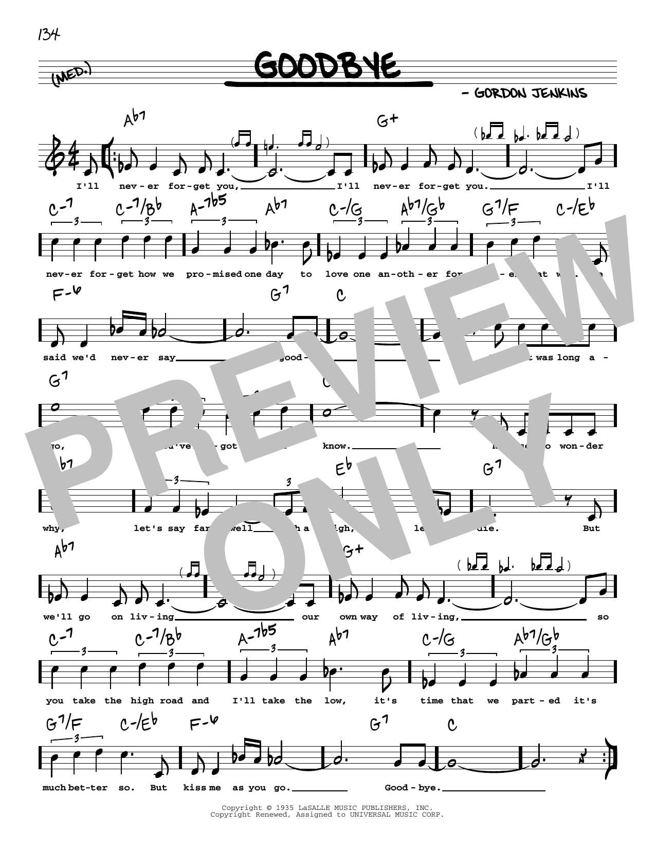 Download Gordon Jenkins Goodbye (arr. Robert Rawlins) Sheet Music and learn how to play Real Book – Melody, Lyrics & Chords PDF digital score in minutes