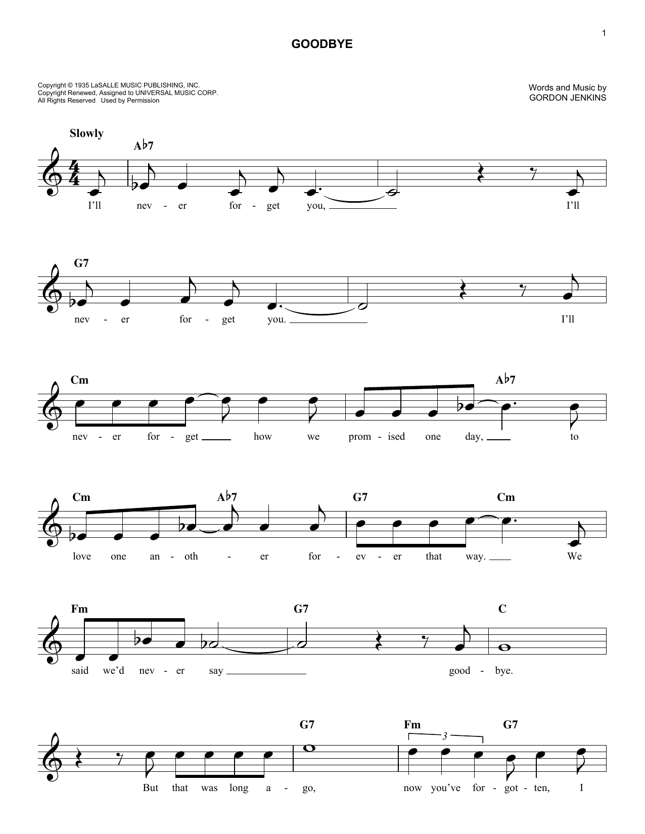 Download Gordon Jenkins Goodbye Sheet Music and learn how to play Melody Line, Lyrics & Chords PDF digital score in minutes