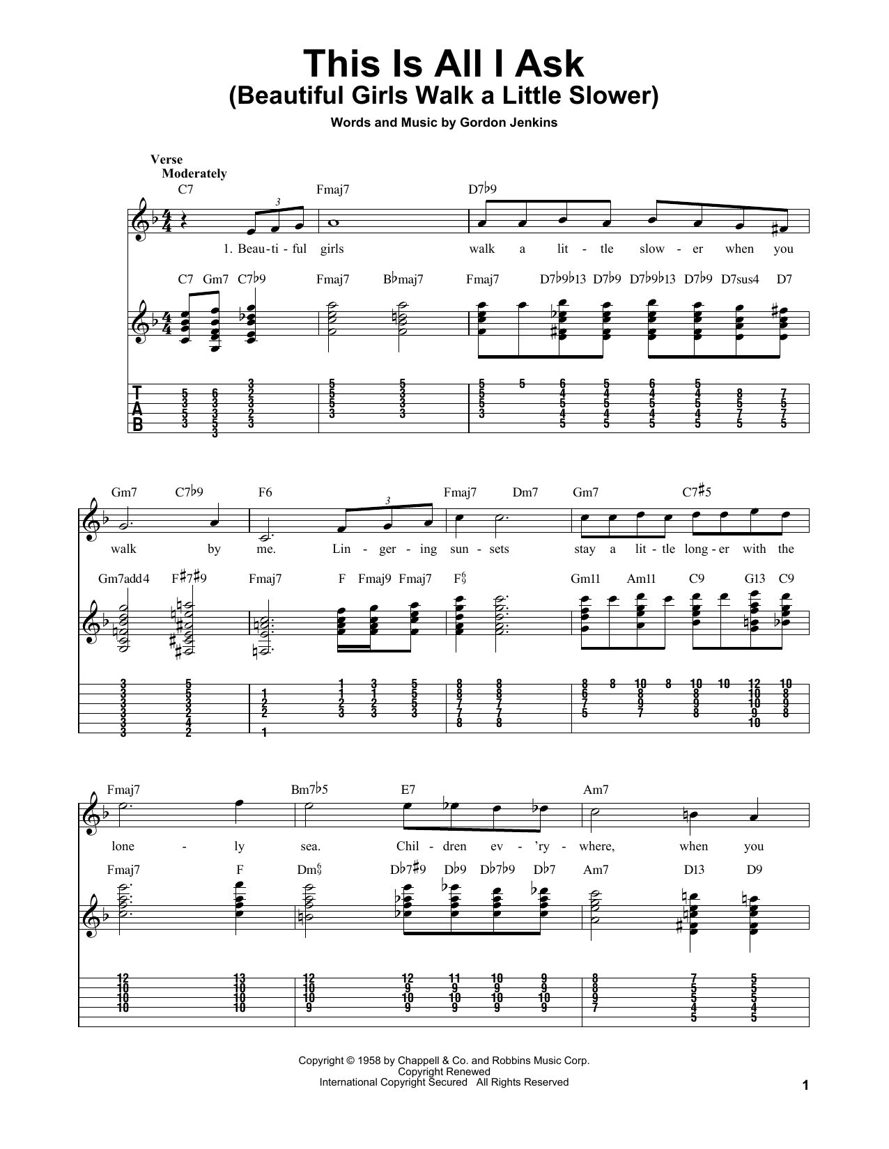 Download Gordon Jenkins This Is All I Ask (Beautiful Girls Walk A Little Slower) Sheet Music and learn how to play Easy Guitar Tab PDF digital score in minutes