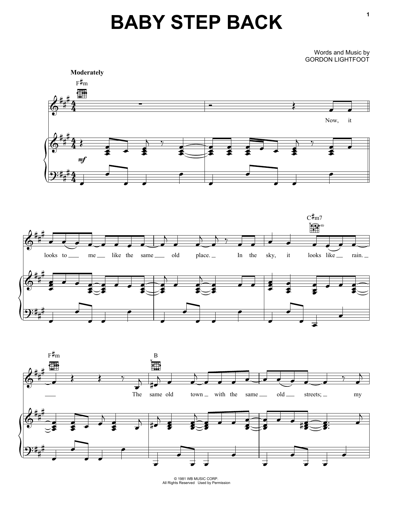 Download Gordon Lightfoot Baby Step Back Sheet Music and learn how to play Piano, Vocal & Guitar (Right-Hand Melody) PDF digital score in minutes
