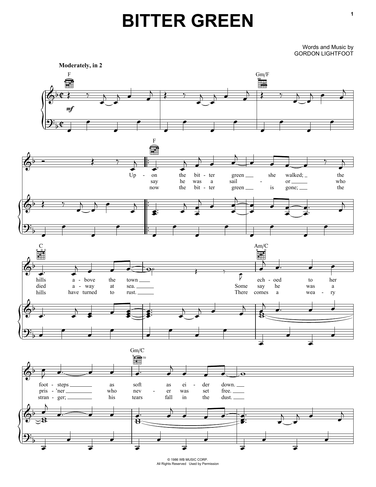 Download Gordon Lightfoot Bitter Green Sheet Music and learn how to play Piano, Vocal & Guitar (Right-Hand Melody) PDF digital score in minutes