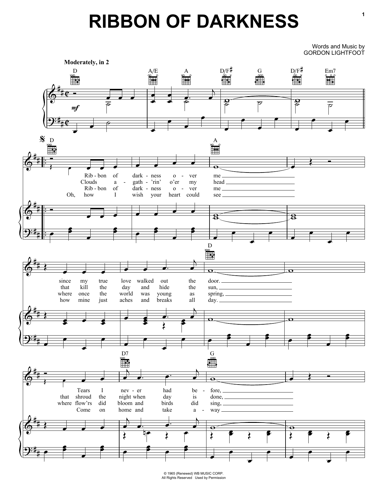 Download Gordon Lightfoot Ribbon Of Darkness Sheet Music and learn how to play Lyrics & Chords PDF digital score in minutes