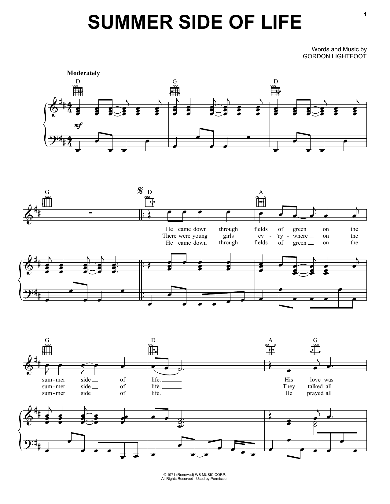Download Gordon Lightfoot Summer Side Of Life Sheet Music and learn how to play Lyrics & Chords PDF digital score in minutes