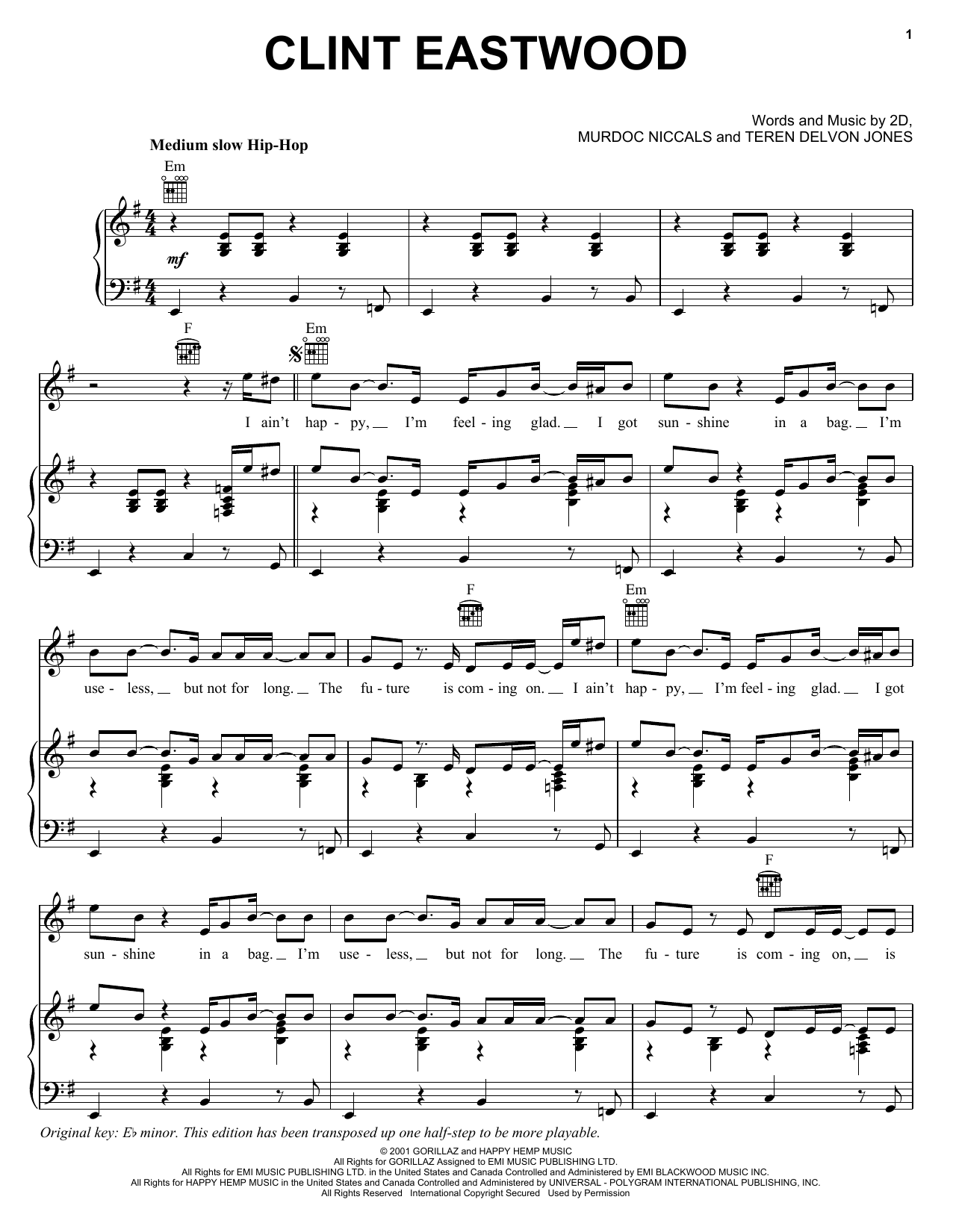 Download Gorillaz Clint Eastwood Sheet Music and learn how to play Piano, Vocal & Guitar (Right-Hand Melody) PDF digital score in minutes