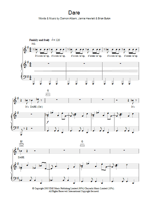 Download Gorillaz Dare Sheet Music and learn how to play Piano, Vocal & Guitar PDF digital score in minutes