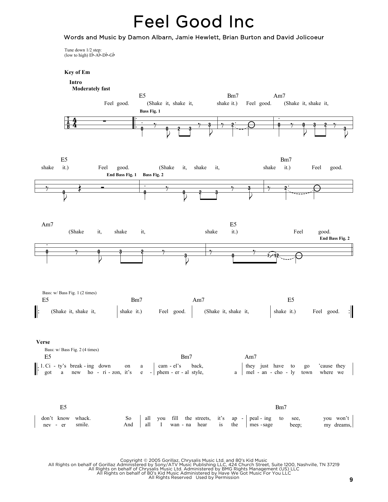 Download Gorillaz Feel Good Inc (feat. De La Soul) Sheet Music and learn how to play Bass PDF digital score in minutes