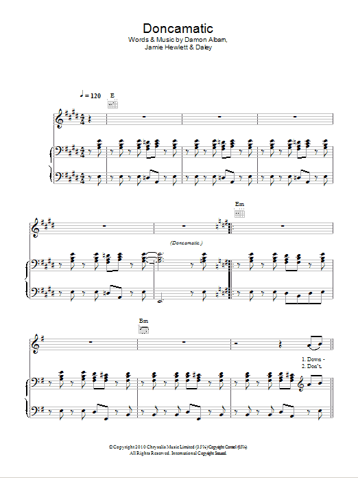 Download Gorillaz Doncamatic (feat. Daley) Sheet Music and learn how to play Piano, Vocal & Guitar (Right-Hand Melody) PDF digital score in minutes