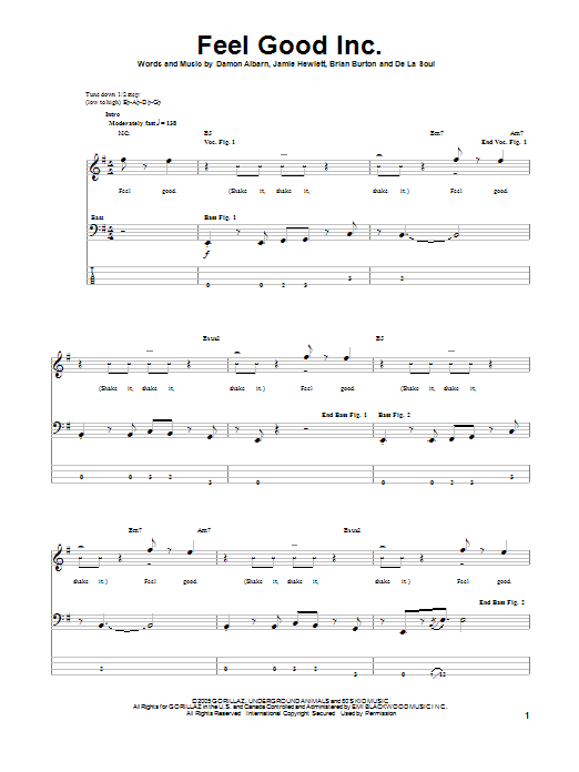 Download Gorillaz Feel Good Inc Sheet Music and learn how to play Bass Guitar Tab PDF digital score in minutes