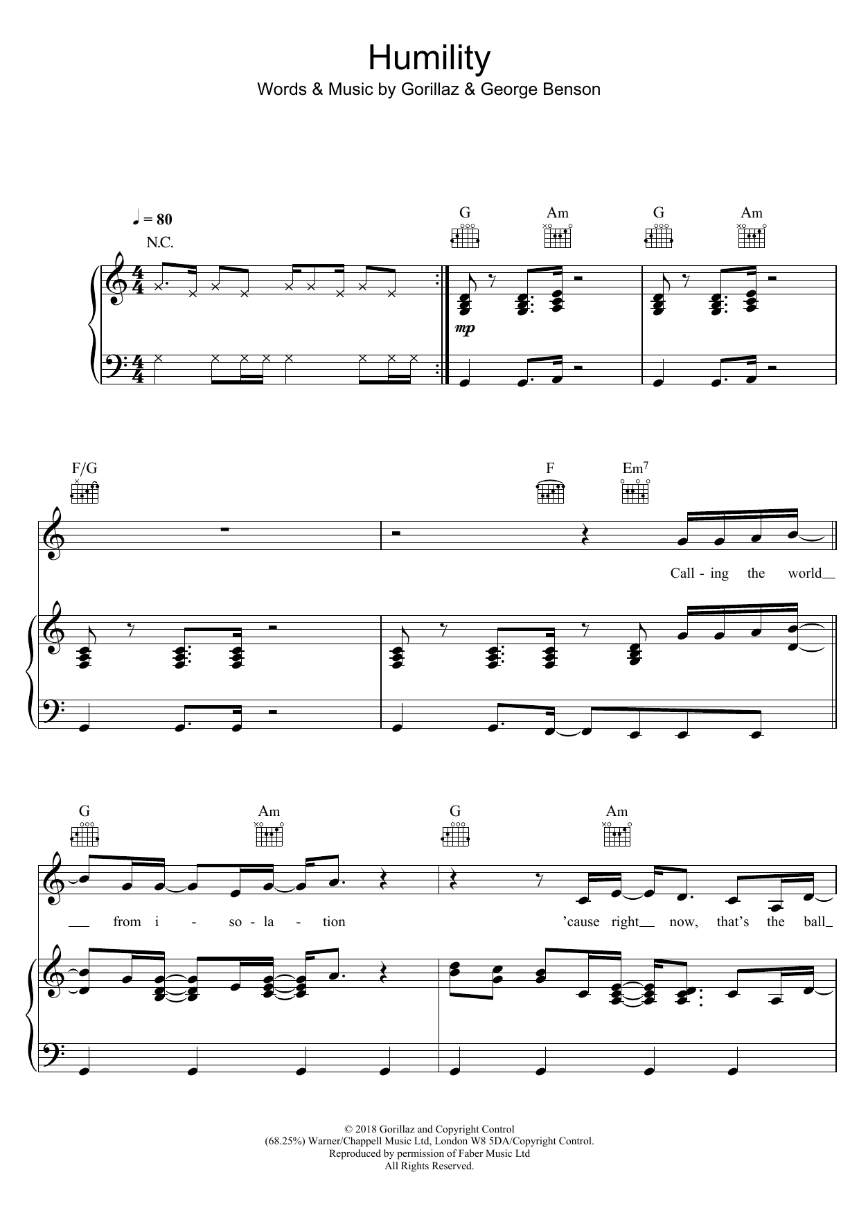 Download Gorillaz Humility (featuring George Benson) Sheet Music and learn how to play Piano, Vocal & Guitar PDF digital score in minutes